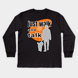 Just walk and talk walking with a dog against the background of the orange sunrise Kids Long Sleeve T-Shirt